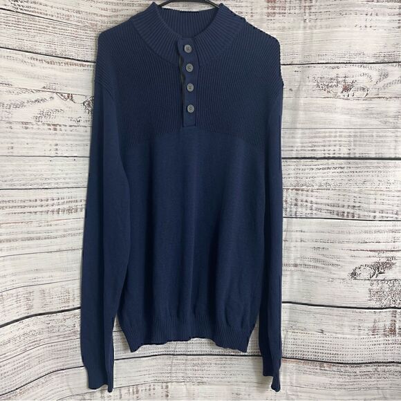 Club Room Sweater Mens Large Button Mock neck knit Cotton Navy blue New - Picture 1 of 10